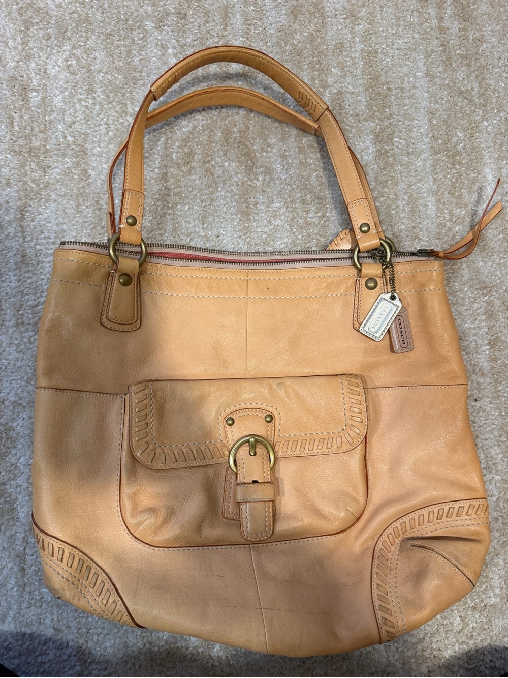 Coach Light Tan Leather Tote with Buckle Front Pocket
